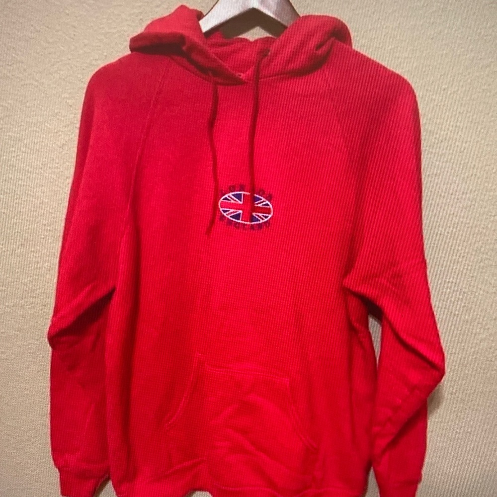 Tailor Vintage Bright Red Crewneck Hoodie with Union Jack Patch